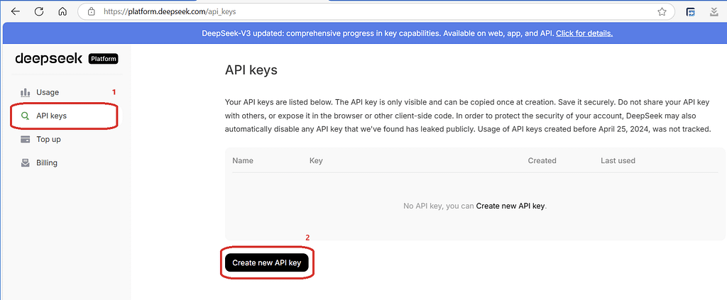 DeepSeek API keys page